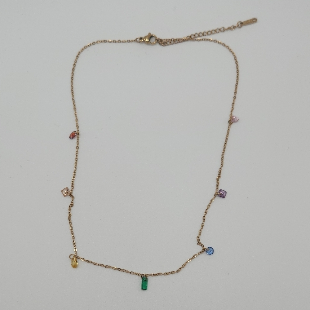 Elegant Gold Multicolor Simulated Gemstone Necklace, 18k Gold Plated SS - Picture 4 of 10